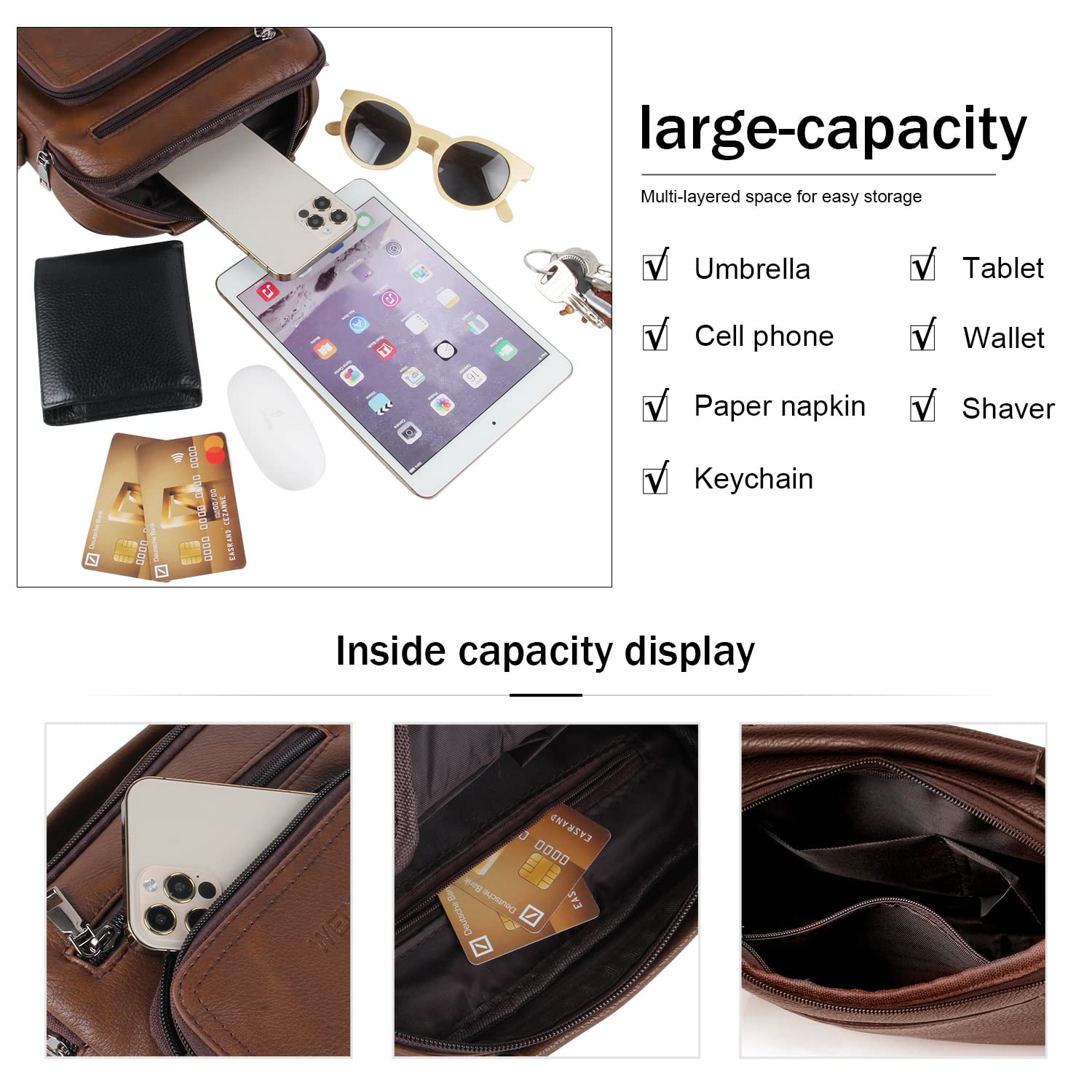 KUANG! Men's Shoulder Bag PU Leather Business Messenger Bag Briefcase Travel Crossbody Multi Pockets Handbag Purse