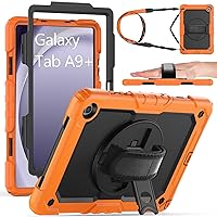 Case for Samsung Galaxy Tab A9+ Plus 11 inch 2023 [SM-X210/X216X218]-Heavy Duty Protection Shockproof with 360°Rotating Stand&Hand Strap,Screen Protector,Shoulder Strap-Orange