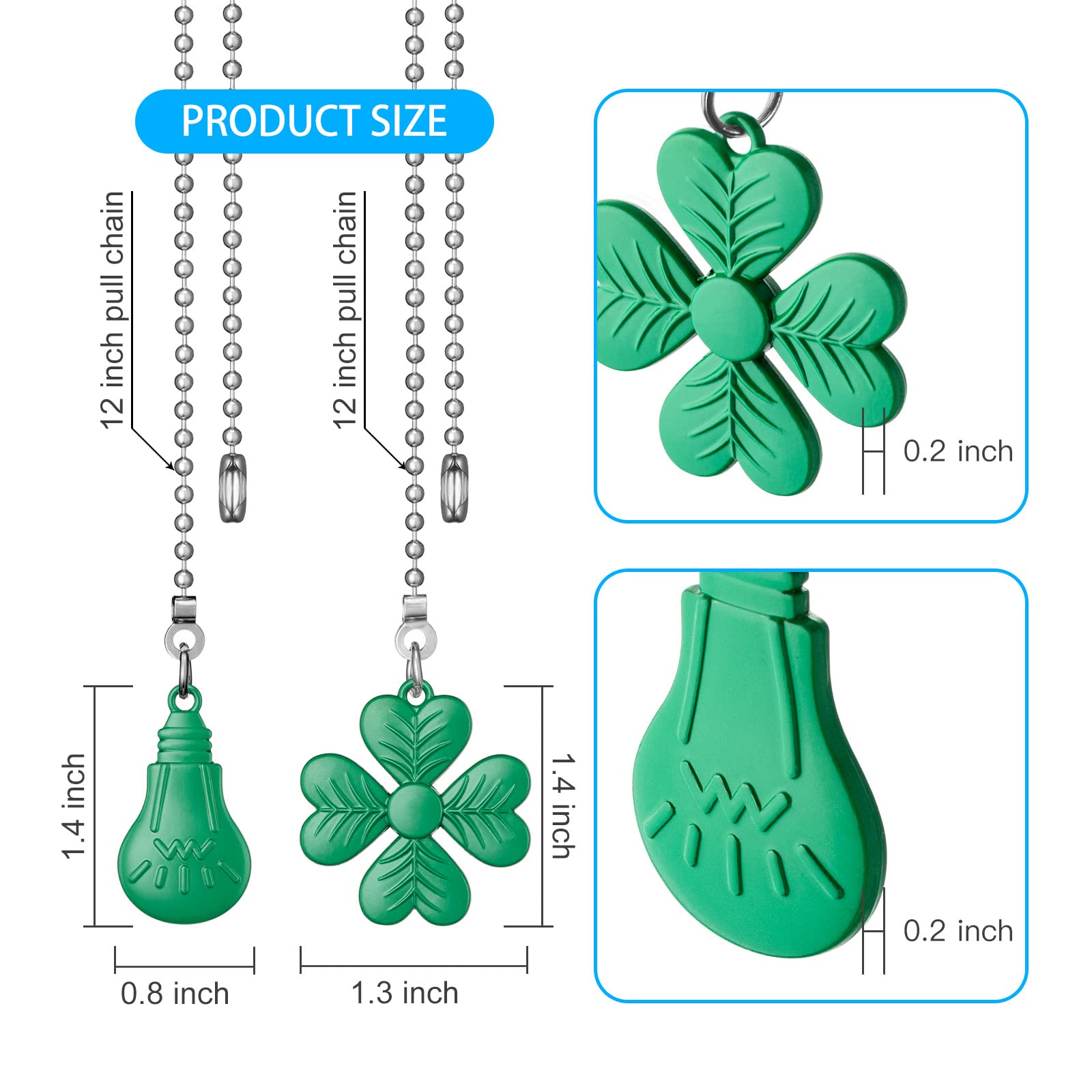 2 Pieces Ceiling Fan Pull Chain Set, Light Bulb and Fan Pattern Pull Chain Extension 12 Inch 3mm Diameter Beaded Ball Connector Best for use with Ceiling Fan Lighting (Green)