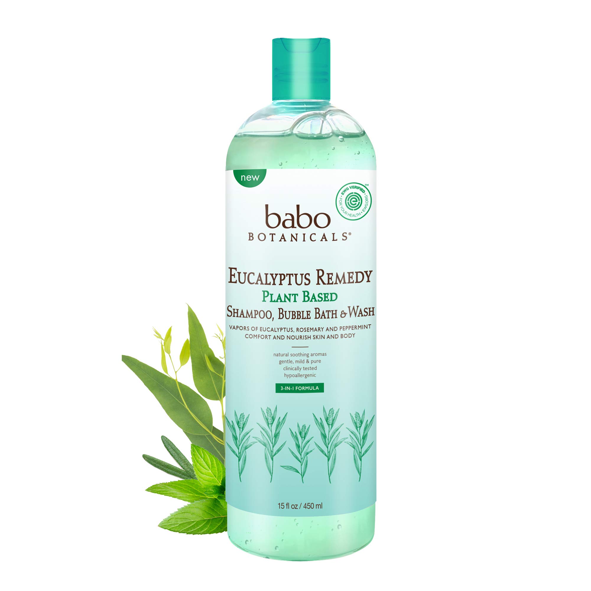 Babo Botanicals Eucalyptus Remedy Plant-Based 3-in-1 Shampoo, Bubble Bath & Wash - with Vapors of Eucalyptus, Rosemary & Peppermint - For Babies, Kids or Sensitive Skin - EWG Verified - 15 fl. oz.