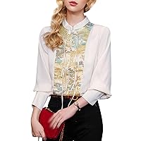 LAI MENG FIVE CATS Women's Vintage Chinese Silk Satin Top Embroidery Elegant Jacquard Casual Blouse