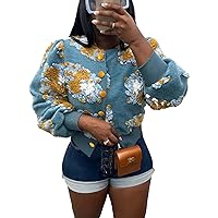 Flygo Women's Sherpa Fleece Cropped Jacket Floral Print Button Down Puff Sleeve Varsity Bomber Coat Outerwear