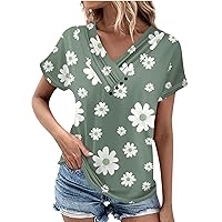 Women's Spring Summer 2024 V Neck Short Sleeved Tops Vintage Daisy Print Pleated Button T-Shirt Cozy Fitted Shirts
