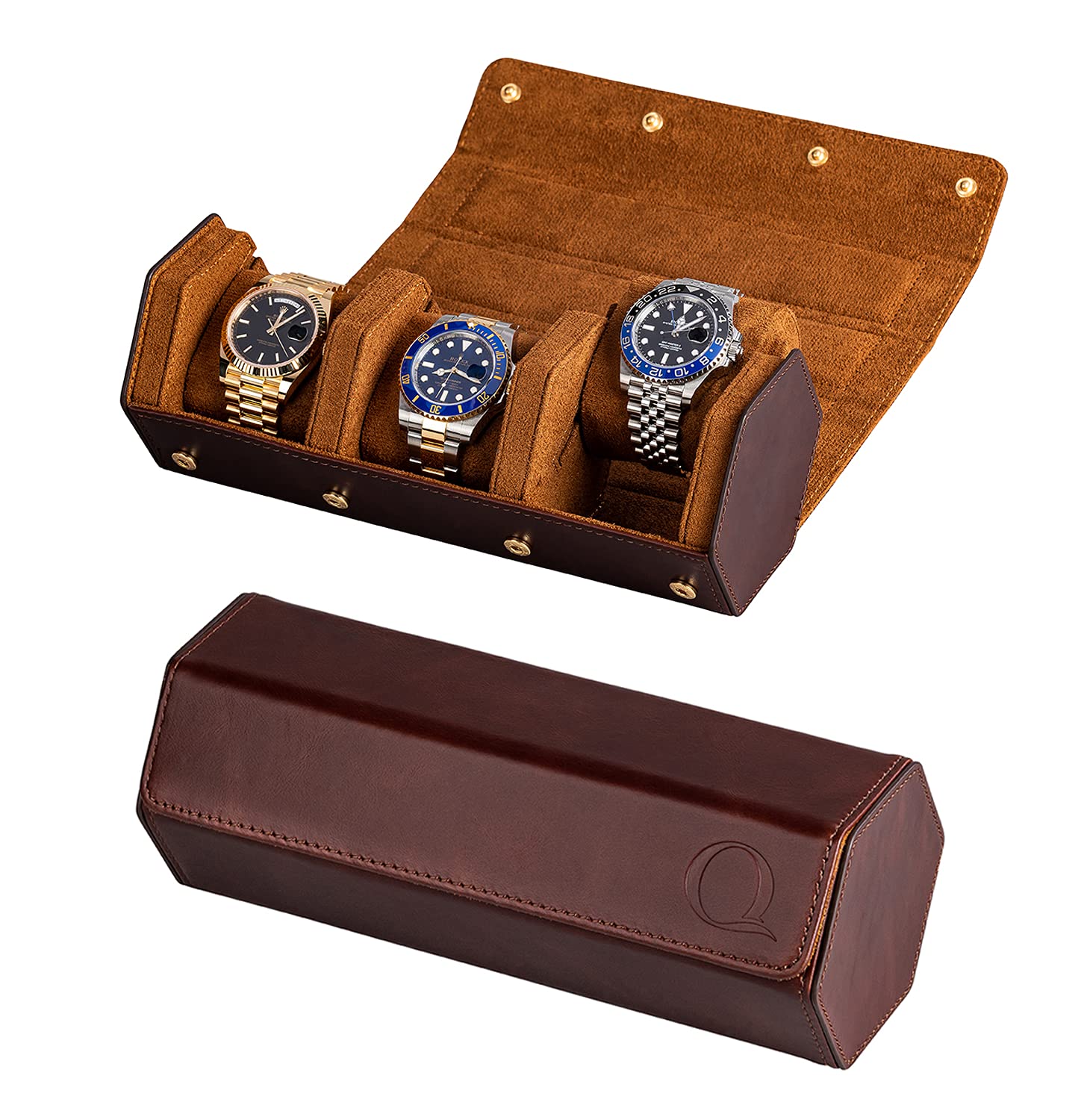 QWATCHBANDS Genuine Leather Watch (Brown/Brown) and Watch Stand (Black/Black/Black)