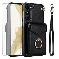 Asuwish Phone Case for Samsung Galaxy S23 Plus S23+ 5G Wallet Cover with Tempered Glass Screen Protector and RFID Blocking Ring Card Holder Cell S23plus 23S + S 23 23+ SM-S916U 6.6 inch Women Black