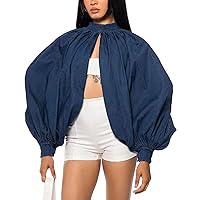 LETSVDO Women's Sexy Denim Crop Top Mock Neck Backless Puff Sleeve Open Front Bolero Shrug Asymmetrical Jean Blouse 2023