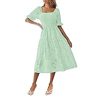MEROKEETY Womens 2024 Summer Short Puff Sleeve Smocked Square Neck Floral Textured Tiered Midi Dress