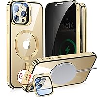 [Camera Invisible Stand & Slide Pop-up Lock] Magnetic Privacy Case for iPhone 15 Pro Max [Compatible with MagSafe] [Full Lens Protection+Invisible Kickstand] Full Body Metal Bumper Cover-Gold