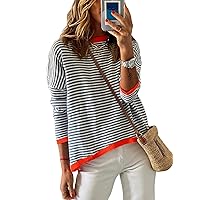TimeMark Womens Crewneck Long Sleeve Sweaters Casual Striped Color Block Drop Shoulder Cotton Pullover Jumpers Tops