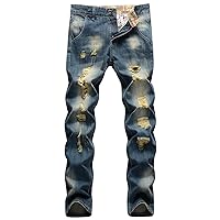Mens Ripped Jeans Casual Trendy Straight Denim Pants Skinny Jean Pant Casual Zipper Button Trousers Vintage Bottoms