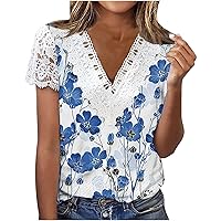 ZunFeo Cute Blouses for Women Trendy Guipure Lace Trim Tunic Top Short Sleeve Crochet Floral Tops Dressy Casual T-Shirt Loose