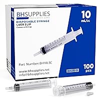 BH Supplies 10ml Luer Slip Tip Syringe - with Caps (No Needle) - Sterile, Individually Wrapped - 100 Syringes