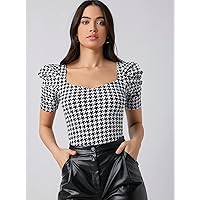 Women's T-Shirt Puff Sleeve Houndstooth Print Form Fitted Tee (Color : Black and White, Size : Small)