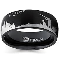 Men's Black Titanium Ring Wedding Band with Laser Etched Bird Duck Hunting Outdoor Ring, Comfort Fit 8mm