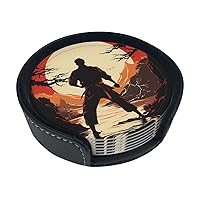 Karate Men Print Leather Coaster Set of 6 Round Heat-Resistant Drink Coasters Round Cup Mat with Storage Case for Kitchen Bar Home Decor Housewarming Gift