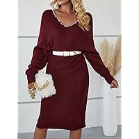 TLULY Sweater Dress for Women Pearls Beaded Batwing Sleeve Sweater Dress Without Belt Sweater Dress for Women (Color : Burgundy, Size : Large)