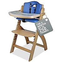 Abiie Beyond Junior Convertible Wooden High Chairs for Babies & Toddlers. 3-in-1 Adjustable High Chair with Removable Tray, Easy to Clean, Portable. 6 Months up to 250 Lb. Natural Wood/Blue Cushion