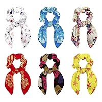 Blue Kaleidoscope Snowfalkes Pattern 6 Packs Adorable Hair Scarf Scrunchies, Bunny Ears and Tail Scrunchies, Women Bowknot Hair Ropes with Bows for Girls, One Size