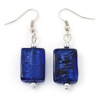 Navy Blue Square Glass Drop Earrings - 6cm Long