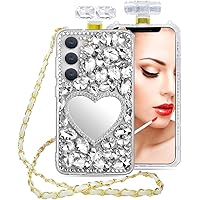 Compatible Samsung Galaxy S24 / S24 Ultra / S24 Plus Luxury Bling Diamond Silicone Phone Case,with Long Crossbody Leather Lanyard,Makeup Mirro Case (Mirror Case, Galaxy S24)