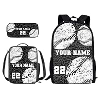 CUSTOM Baseball Leopard Pattern School Backpack Lunch Bag Pencil Case 3Pcs Set for Kids Design Your Name and Number Personalize Backpack Set