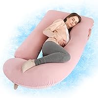 Pregnancy Pillow with Cooling Cover, Side J Type Full-Body Pillow for Back, Legs and Belly Support, Comfortable Cooling Cover for Pregnant Women (Pink)