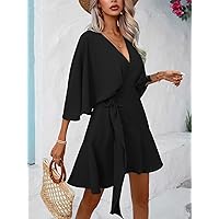 Dresses for Women - Solid Batwing Sleeve Knot Side Wrap Dress (Color : Black, Size : Large)