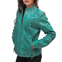 Ladies Cafe Racer Sea Green Biker Jacket - Retro Turquoise Distressed Women Motorcycle Leather Jacket
