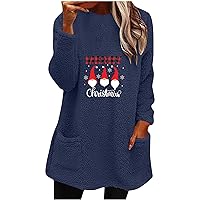 2023 Cute Christmas Fuzzy Sherpa Pullover for Women Funny Santa Claus Printed Graphic Crew Neck Winter Tunic Tops