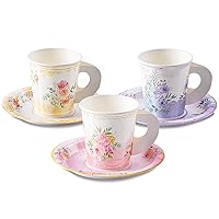 24 Paper Tea Cups and Plates, 7 OZ Disposable Paper Teacups and Saucer Sets for Hot and Cold Drinks for Birthday, Princess, Floral, Tea Party Decorations