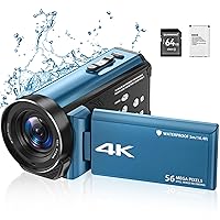 cloxks Video Camera Camcorder 4K Ultra HD 56MP 30FPS Vlogging for YouTube, 18X Digital Zoom Underwater Camera, 16.4 Feet Waterproof with 3400mAh Battery, Charger, 64GB SD Card Blue