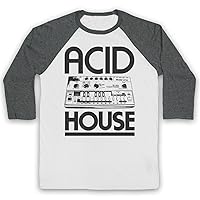 Men's Acid House Bass Synth 3/4 Sleeve Retro Baseball Tee, White & Grey, Large