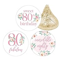 Pink Floral 80th Birthday Party Favor Stickers - Chocolate Kisses Candy Labels - 180 Count, 80th Birthday Decorations for Women