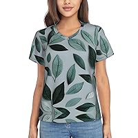 Mint Gray Leaf Women's T-Shirts Collection,Classic V-Neck, Flowy Tops and Blouses, Short Sleeve Summer Shirts,Most Women