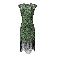 1920s Flapper Long Fringed Gatsby Dress Sequins Beaded Vintage Art Deco Solid Color Cap Sleeves Zipper Closure Elegant Midi Gown(Green S)