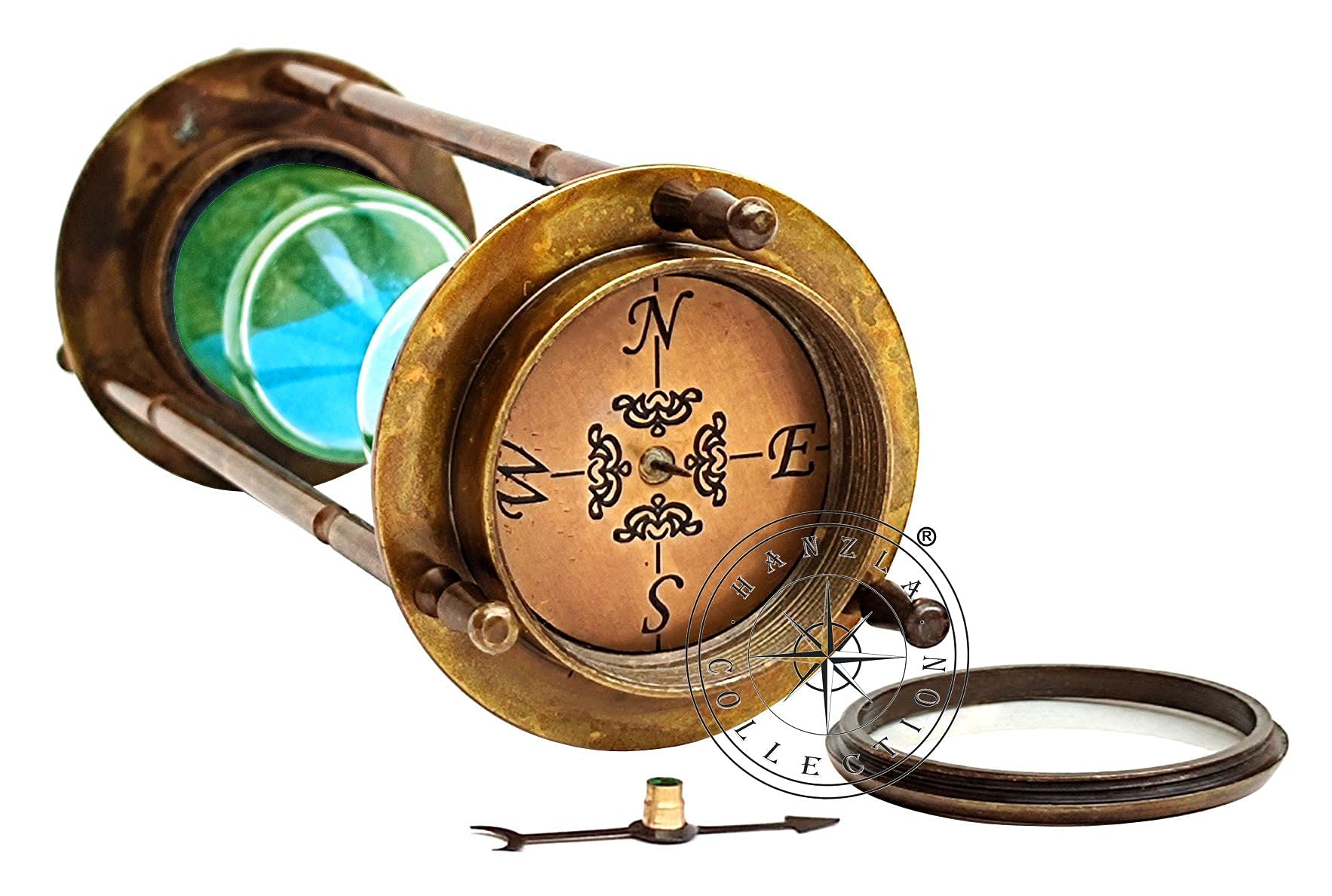 Hanzla Collection Marine Antique Brass Compass Hourglass Nautical Maritime Sand Timer & Desk Clock