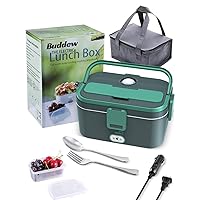 Buddew Electric Lunch Box 70W Food Heater 3 in 1 12V/24V/110V Portable Lunch Warmer (1.8arge-Capacity) Heated Lunch Box for Car/Truck/Home/Office with Carry Bag Fork and Spoon (Gray+Green)