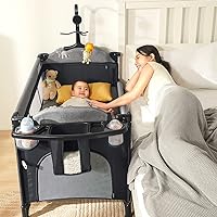 MMBABY 5-in-1 Pack and Play Portable Crib for Baby,Multifunction Bedside Crib from Newborn to Toddlers,U-Shaped Diaper Changer,Playard,Safety Strap,Carry Bag (Black)