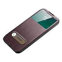 ONNAT-Genuine Leather Case for iPhone 14/14 Plus/14 Pro/14 Pro Max Shock-Proof Drop-Proof Cover Flip Visual Magnetic Suction Phone Case No Flip to Answer (Brown,iPhone 14 Pro)