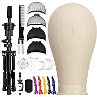 23 Inch Canvas Block Wig Head, Wig Stand Tripod with Head, Mannequin Head for Wigs, Manikin Head Block for Wigs Making Display with Wig Caps, T Pins C Bristle Brush