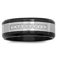Men’s Stainless Steel 8mm .10 cttw White Diamond Accent Two-Tone Black Wedding Band Ring