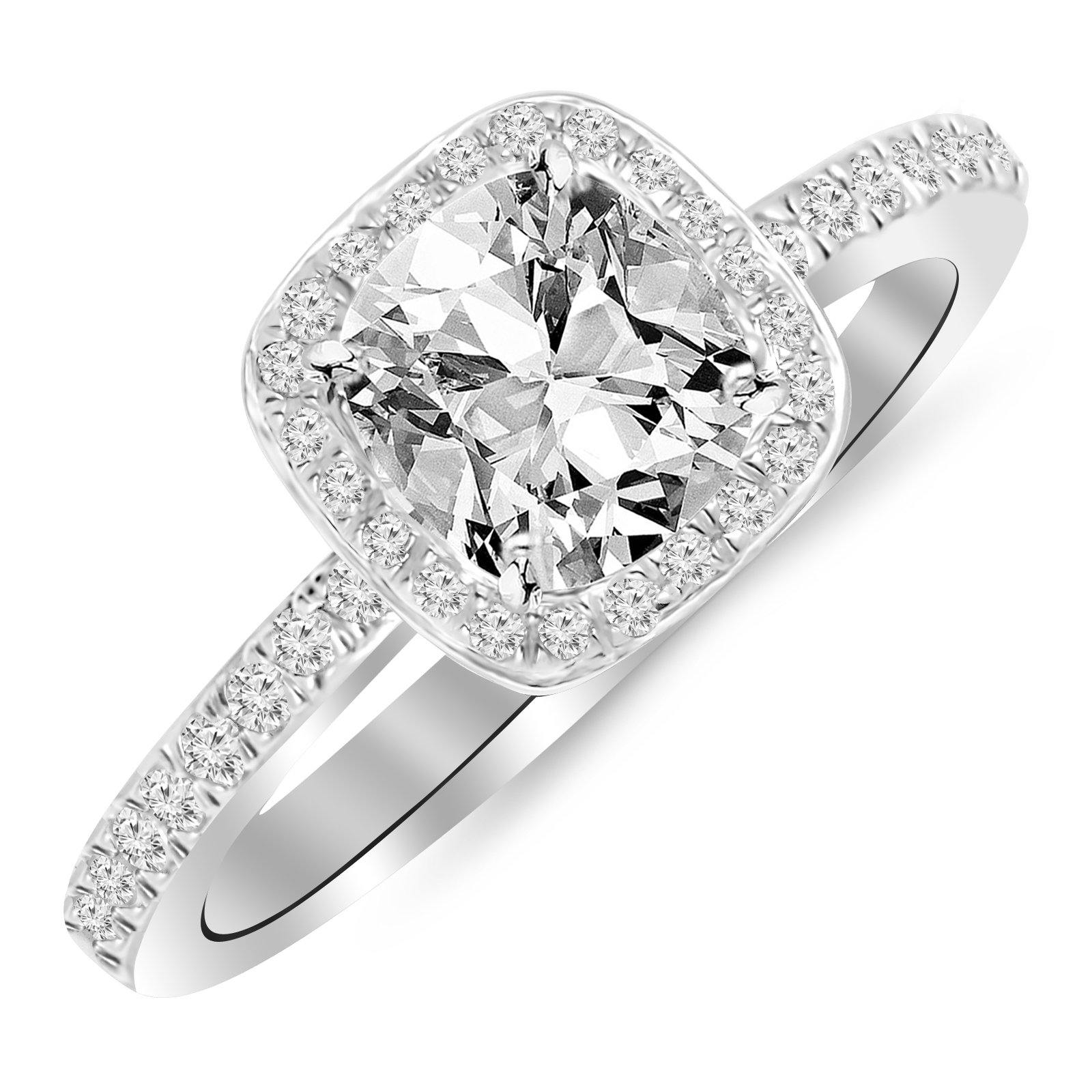 1 Carat t.w. 14K White Gold Classic Halo Style Cushion Shape Diamond Engagement Ring with a 3/4 Ct Forever Brilliant Cushion Moissanite Center