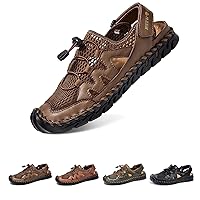 Men's Sandals, Summer Leather Fisherman Beach Shoes Closed Toe Sandals for Men Handmade Breathable Water Sandals Outdoor Non Slip Walking Shoes Anti Collision Comfort Hiking Athletic Slides Sandals