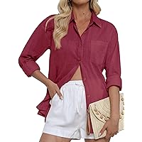 CUNLIN Womens Button Down Shirt Linen Cotton Shirts Collared Long Sleeve Oversized Boyfriend Blouses with Front Pocket XS-XXL