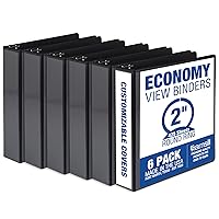 Economy 2 Inch 3 Ring Binder, Made in the USA, Round Ring Binder, Customizable Clear View Cover, Black, 6 Pack (I68560)