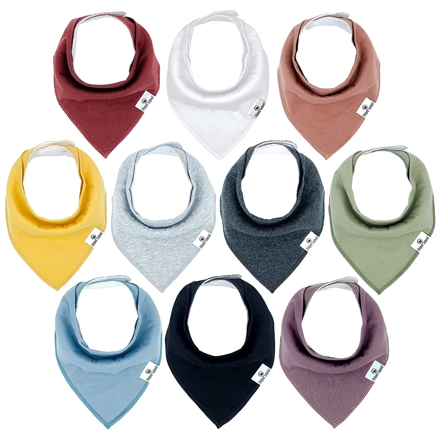Diaper Squad 100% Organic Cotton Earthy Solid 10-Pack Baby Drool Bandana Bibs for Boys and Girls, Plain Colors