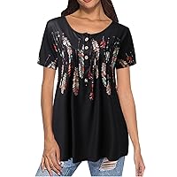 Women Tops,Loose Plus Size Printed Tunic V-Neck Summer Short Sleeve Shirt Button Sexy Tees Trendy Top Blouse