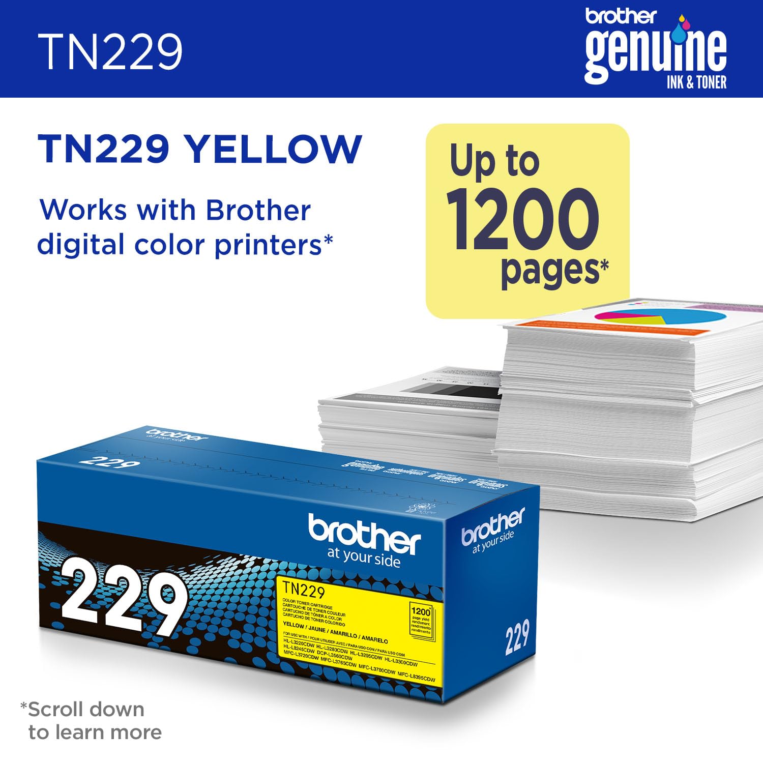 Brother Genuine TN229Y Yellow Standard Yield Printer Toner Cartridge - Print up to 1,200 Pages(1)