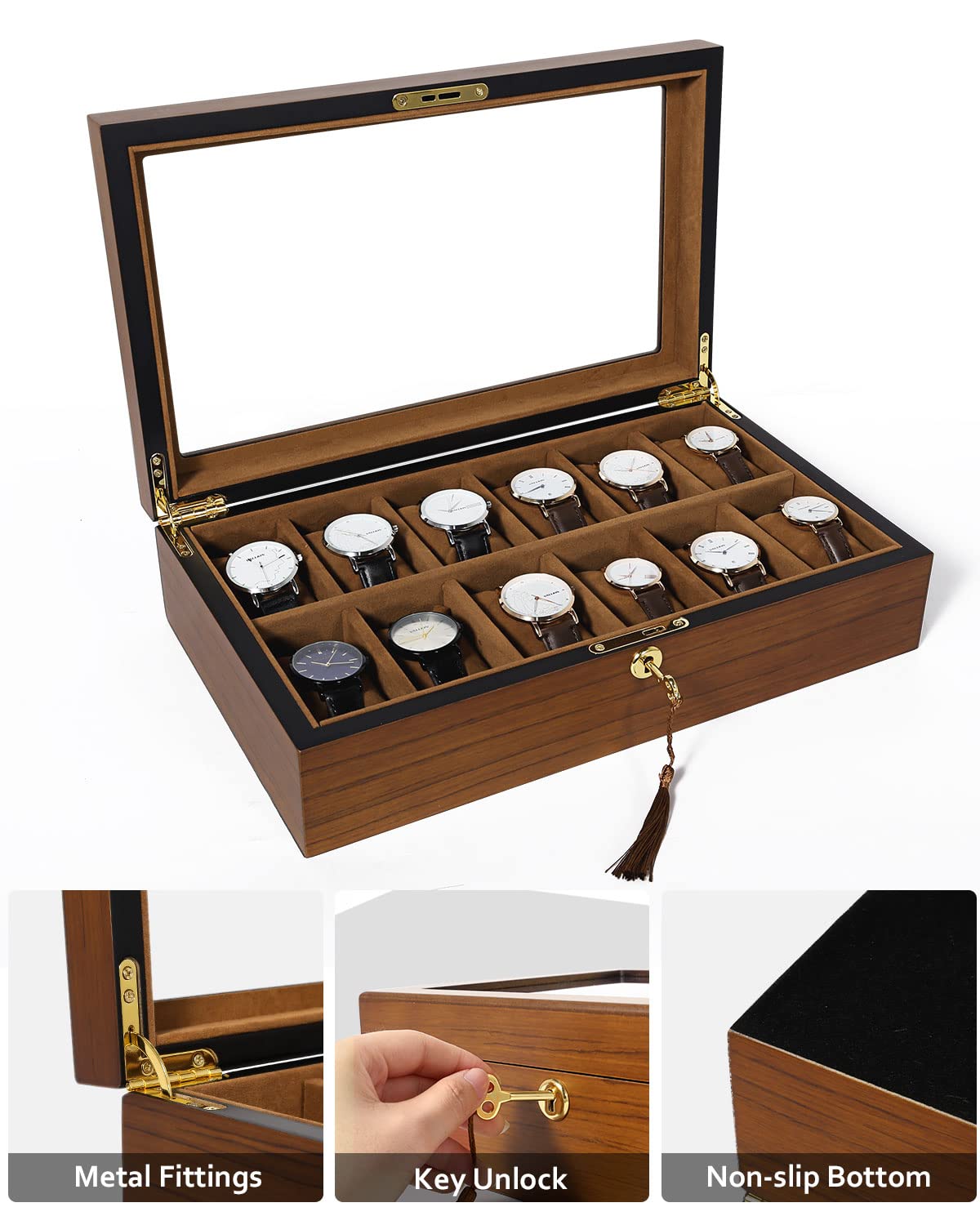 Uten Watch Box with 12 Slots, Watch Case Organizer with Golden Lock and Key, Wooden Watch Display Storage Box with Removable Watch Cushions, Velvet Lining, Metal Clasp, Gift for Men & Women