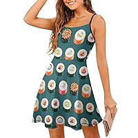 Sushi Set Spaghetti Strap Mini Dress Sleeveless Adjustable Beach Dresses Backless Sundress for Women